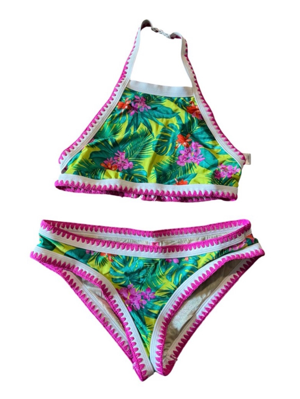Betsy Johnson Tropical Floral High-Neck Bikini in Green & Pink sz L
